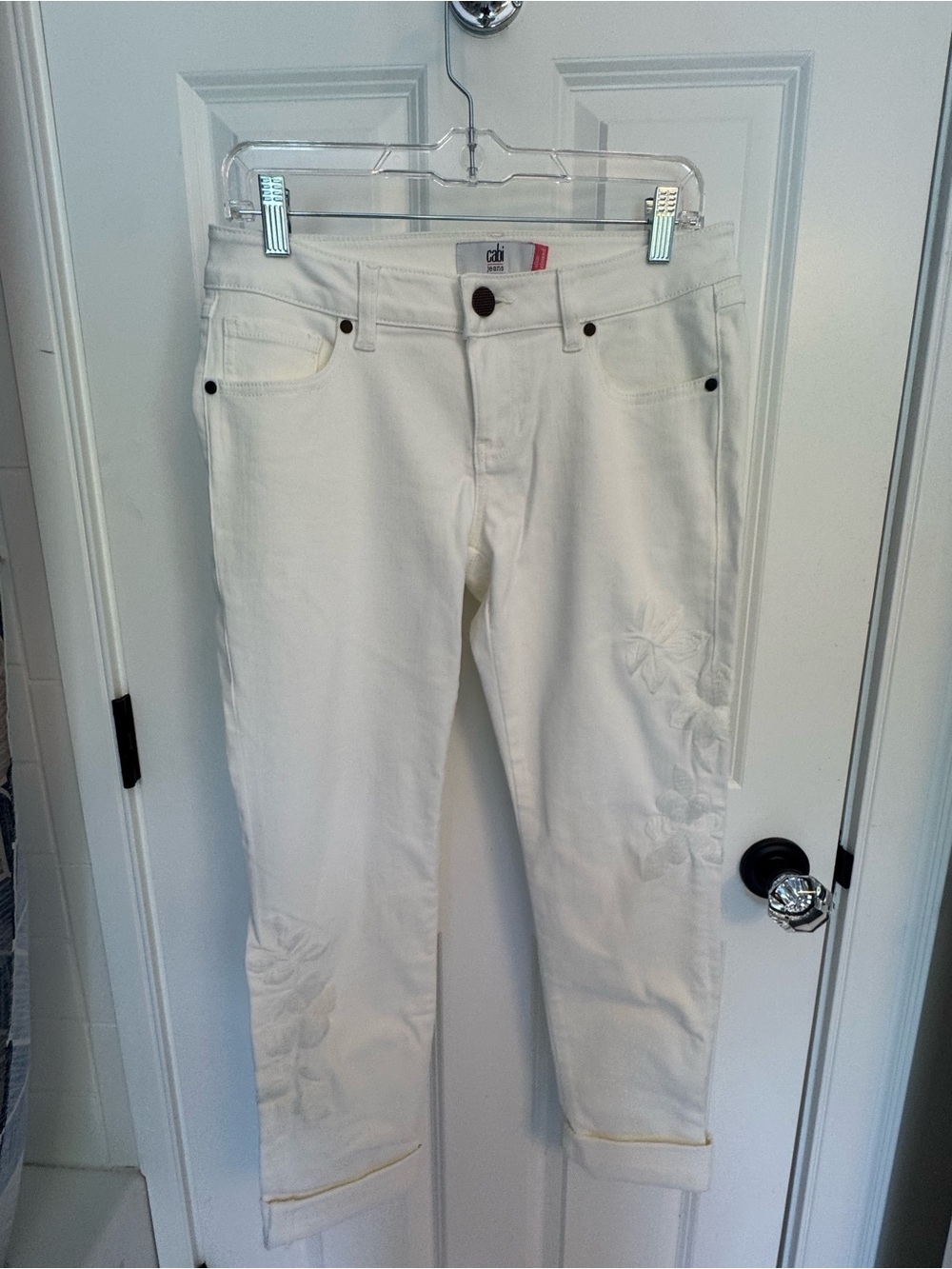CAbi White Slim Boyfriend Jean with Floral Embroidery size 4